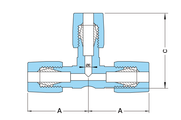 PTFE T-type TFM Union Tee Dimensional Drawing